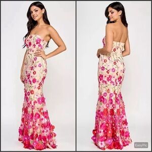 NWT Embroidered 3D Strapless Floral Dress Gown Pink Multi